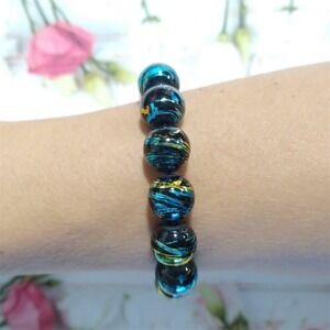 Vtg Hand painted Glass Bead Bracelet Black Bead Stretch Teal Blue Boho BC1